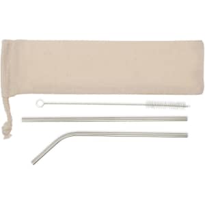 A set of stainless steel straws in a beige pouch, including a straight straw, a bent straw, and a cleaning brush.