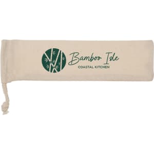 A cream pouch featuring a logo, designed to hold a bamboo straw set.