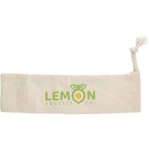 A cream-coloured drawstring pouch with a logo in green and yellow. Ideal for various small items.