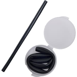 A black silicone straw and a transparent case containing coiled silicone straws.