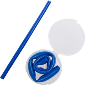 A blue silicone straw is curled inside a round white case, with a straight blue straw resting beside it.