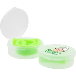 A green silicone straw neatly coiled inside a clear case with a round lid featuring a logo.