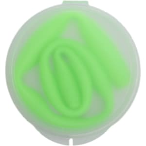 A silicone straw in a clear case, featuring a vibrant green straw coiled inside.