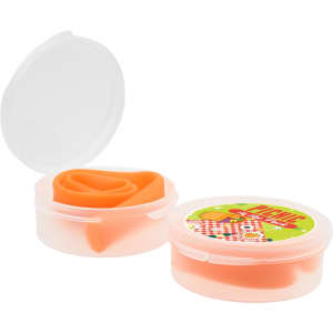 A silicone straw in case, featuring a light orange straw and a clear plastic container with a lid.