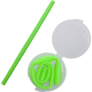 A green silicone straw and a case, with the straw coiled inside the case. The case is clear and round.