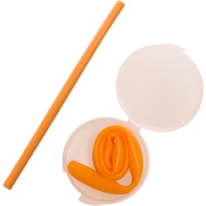 A silicone straw in a case, with the straw coiled inside the container. Both the straw and the case are orange in color.