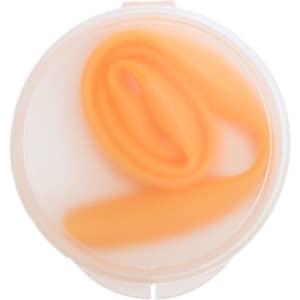 A silicone straw in an orange color, stored inside a clear round case. The case has a logo.