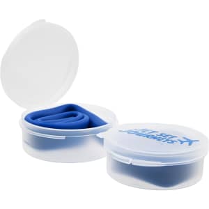 A blue silicone straw neatly rolled and stored in a clear case with the logo "Silly Straw" printed on the lid.