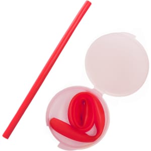 A red silicone straw placed inside a clear case, with an additional rolled-up straw in the case.