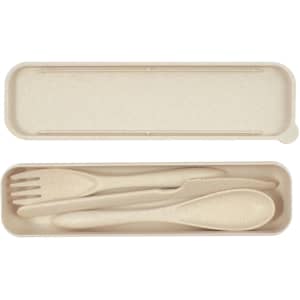 A beige cutlery set in a compact case, featuring a knife, fork, spoon, and chopsticks. The case has a logo.