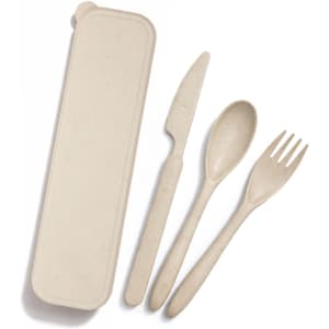 A beige eco cutlery set including a fork, knife, spoon, and a matching storage case.