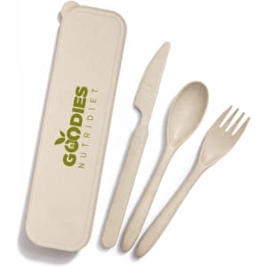 A beige eco cutlery set featuring a knife, fork, and spoon, housed in a matching case with a logo.