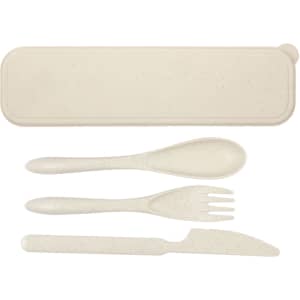 A cream-coloured eco cutlery set featuring a spoon, fork, knife, and carrying case. Includes a brand logo.