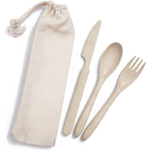A cutlery set in a calico pouch, featuring a spoon, fork, and knife in a natural colour.