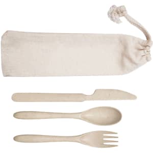 A calico pouch containing a knife, spoon, and fork, all in a natural, eco-friendly colour.