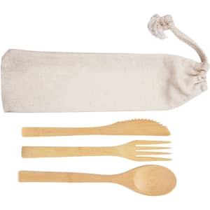 Bamboo cutlery set in a natural calico pouch, featuring a knife, fork, and spoon. Ideal for eco-friendly dining.