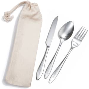 A banquet cutlery set in a beige calico pouch, featuring a knife, fork, and spoon.