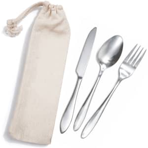 A cutlery set featuring a knife, fork, and spoon in a calico pouch. The cutlery is stainless steel with a sleek design.