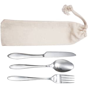 A cutlery set featuring a knife, spoon, and fork in silver, stored in a calico pouch.