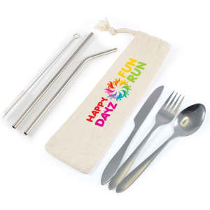 Stainless steel cutlery and straw set in a calico pouch, featuring silver utensils and a cream-coloured bag with a logo.