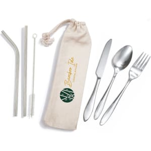 A stainless steel cutlery and straw set in a calico pouch, featuring a fork, knife, spoon, and straw with a cleaner.