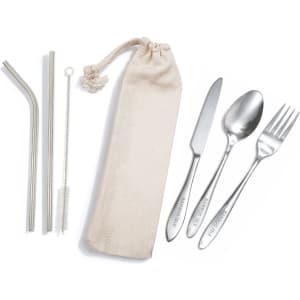 A stainless steel cutlery and straw set in a calico pouch, featuring a spoon, fork, knife, and cleaning straw.