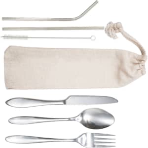 A calico pouch containing stainless steel cutlery: a knife, fork, spoon, straw, and cleaning brush.