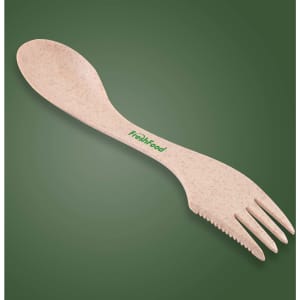A light beige multi utensil with a spoon, fork, and serrated edge, featuring a logo.