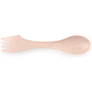 A multi utensil in soft beige with a spoon on one end and a fork on the other. It has a smooth texture and a subtle design.