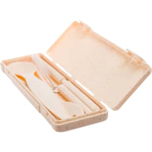A beige ramen cutlery set in a compact case, including a spoon, fork, and knife, with a simple design.