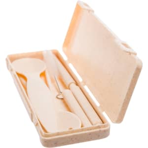 A Ramen Cutlery Set featuring a spoon, fork, chopsticks, and a pair of scissors, all neatly housed in a compact case.