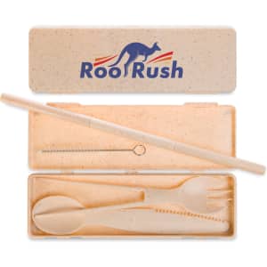 A beige Ramen Cutlery Set in a case, featuring a spoon, fork, knife, straw, and cleaning brush. The case has a logo.