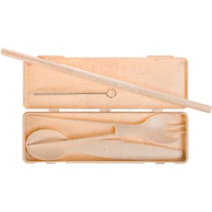 A cutlery set in a beige case, featuring chopsticks, a spoon, a fork, and a cleaning brush.