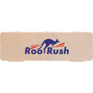 A cutlery set case featuring the logo of Roo Rush, designed in a beige color with a speckled texture.