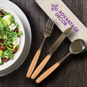 A cutlery set with a knife, fork, and spoon in a pouch, featuring wooden handles and a stylish design.