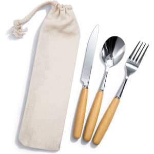 Savour cutlery set featuring a knife, fork, and spoon with wooden handles, packaged in a beige pouch.