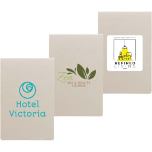 Three sets of sticky notes in a light beige color featuring different logos and designs.