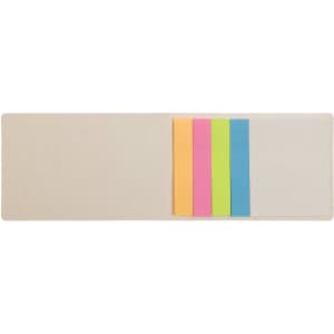A set of sticky notes in various colors including pink, blue, green, and orange, housed in a beige holder.