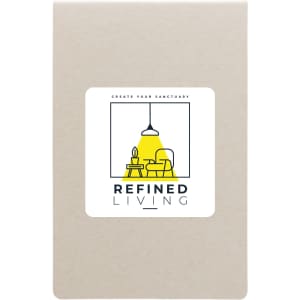 A pack of sticky notes in a light beige cover with a colorful logo featuring a lamp and furniture.