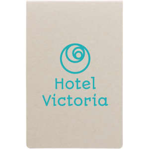 A set of beige sticky notes with a logo and the text "Hotel Victoria" in turquoise.