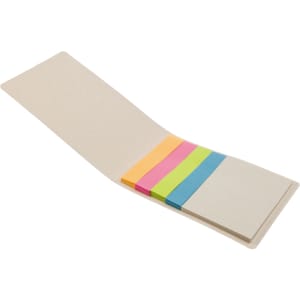 A set of sticky notes in bright colors, including pink, orange, yellow, green, and blue, in a foldable beige cover.