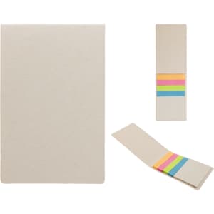 A set of sticky notes with a beige cover and colorful sticky flags in pink, yellow, orange, and green.
