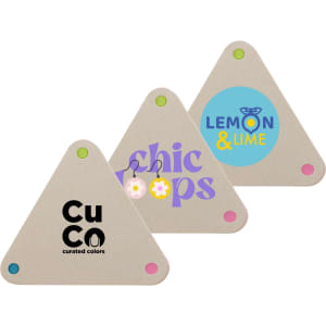 A set of triangular sticky notes featuring pastel colors and various logos on a cream background.