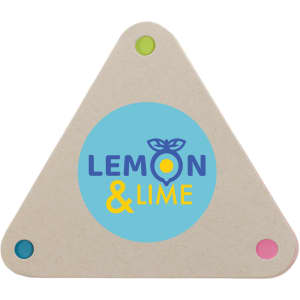 A triangular sticky note holder in beige with a blue center and colorful dots in green, pink, and yellow.
