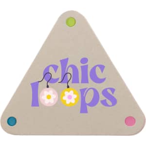 A triangular sticky note pad in beige with colorful corners, featuring the text "chic loops" in purple and floral graphics.