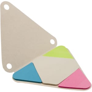 A set of colorful sticky notes in triangular shapes featuring blue, green, pink, and beige tones, with a logo.