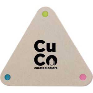A triangular sticky note pad in beige with a logo and colored accents in pink, blue, and green at the corners.