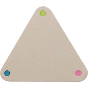 A triangular sticky note in a beige color, featuring colored dots in green, blue, and pink at each corner.