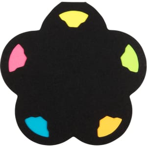 A flower-shaped sticky note holder in black with colourful sticky notes in pink, yellow, green, and blue.