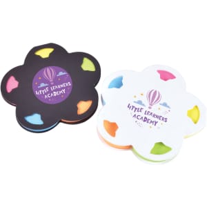 A flower-shaped set of sticky notes in black and white with colourful highlighted sections. Both have a branding logo.